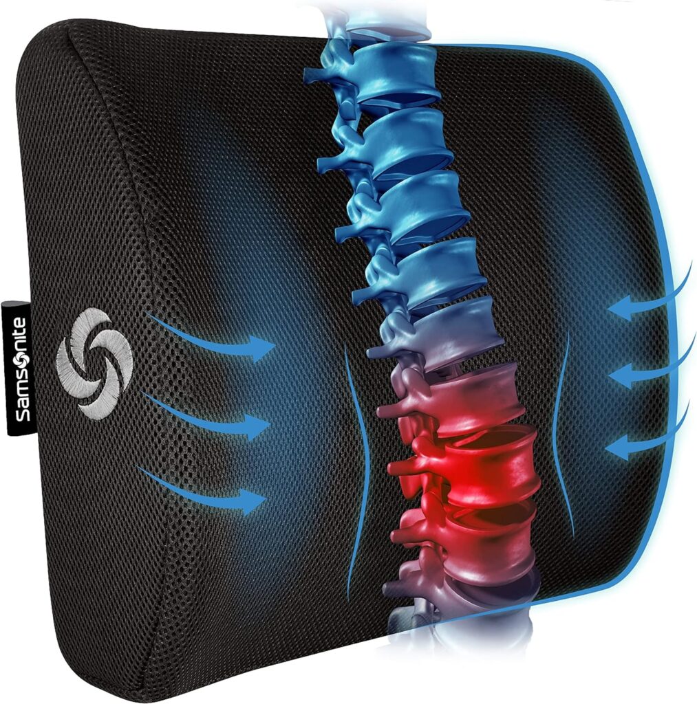 A close-up view of the Samsonite Lumbar Support Pillow with adjustable straps.