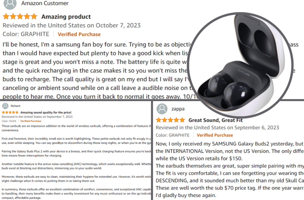 Reviews on Amazon.com for the Samsung Galaxy Buds 2 - from Octuber 2023 - showing really good, positive customer feedback